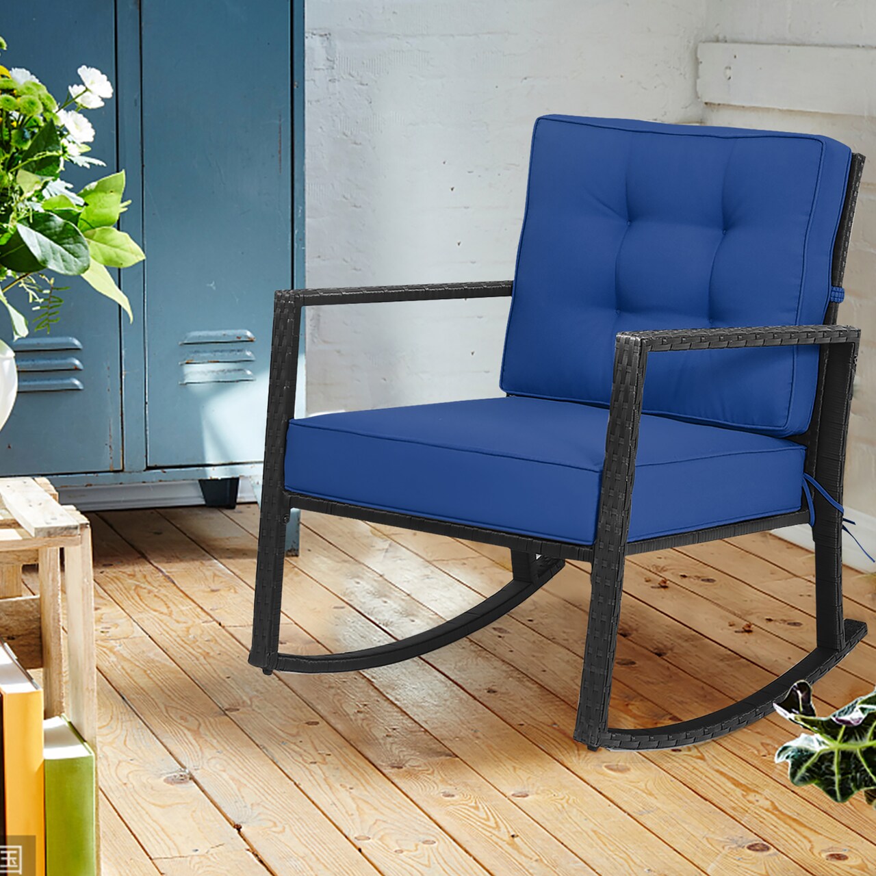 Costway Patio Rattan Rocker Chair Outdoor Glider Rocking Chair Cushion Lawn Navy\Black\Grey